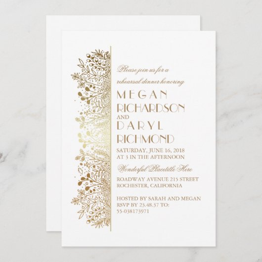 金ゴールドの花のベビーの呼吸エレガントなリハーサルの夕食 招待状 (正面/裏面)