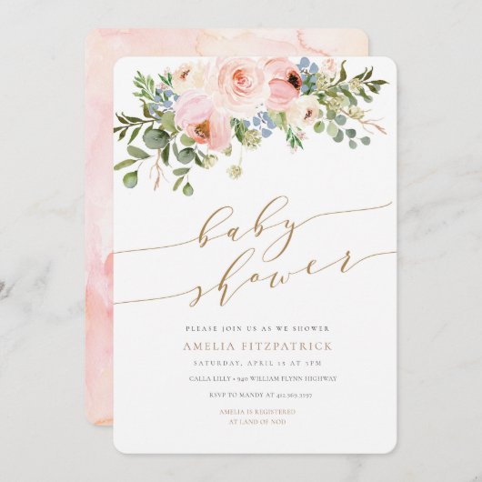 金ゴールドの花のベビーシャワーの招待状の女の子 招待状 (正面/裏面)