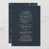 金ゴールドの花のモノグラムのヴィンテージ海軍婚約パーティ 招待状 (正面/裏面)