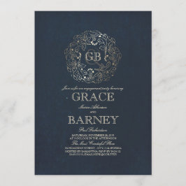 金ゴールドの花のモノグラムのヴィンテージ海軍婚約パーティ 招待状