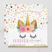 金ゴールドの花のユニコーンのパーティー 招待状 (正面/裏面)