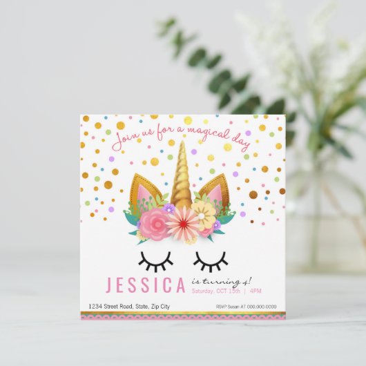 金ゴールドの花のユニコーンのパーティー 招待状 (スタンド正面)
