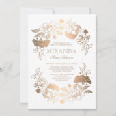 金ゴールドの花のリースのエレガントで白いブライダルシャワー 招待状 (正面)