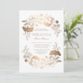 金ゴールドの花のリースのエレガントで白いブライダルシャワー 招待状 (スタンド正面)