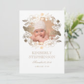 金ゴールドの花のリースの甘く生まれたばかりのなベビーの写真の誕生 案内状 (スタンド正面)