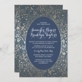 金ゴールドの花のヴィンテージ海軍結婚式招待状 招待状 (正面/裏面)