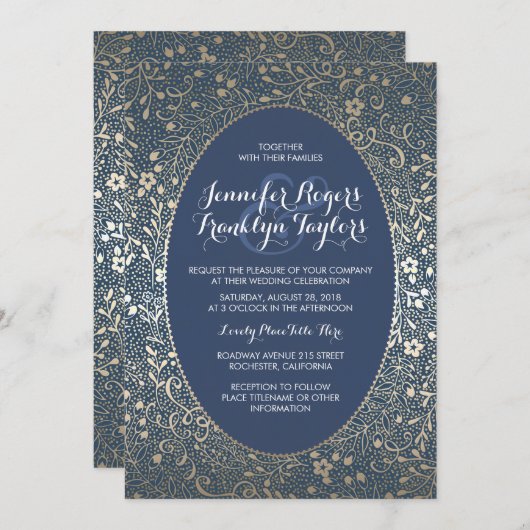 金ゴールドの花のヴィンテージ海軍結婚式招待状 招待状 (正面/裏面)