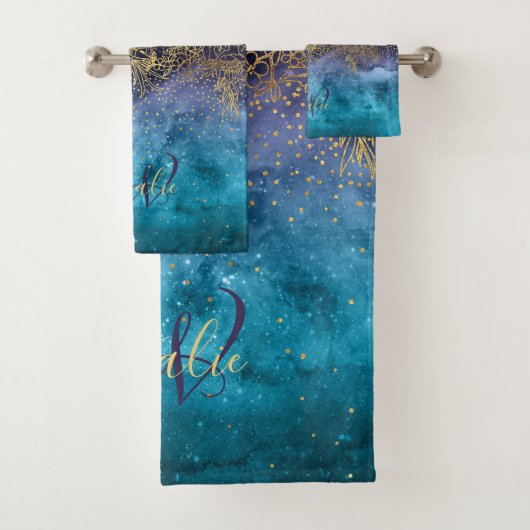 金ゴールドの花の曼荼羅および紙吹雪のイメージ バスタオルセット (インサイチュ)