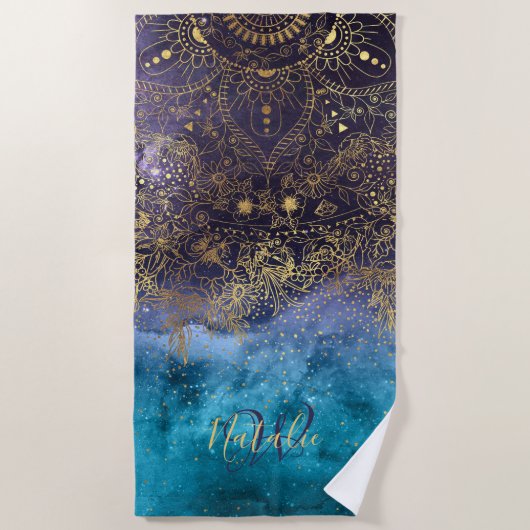 金ゴールドの花の曼荼羅および紙吹雪のイメージ ビーチタオル (正面)