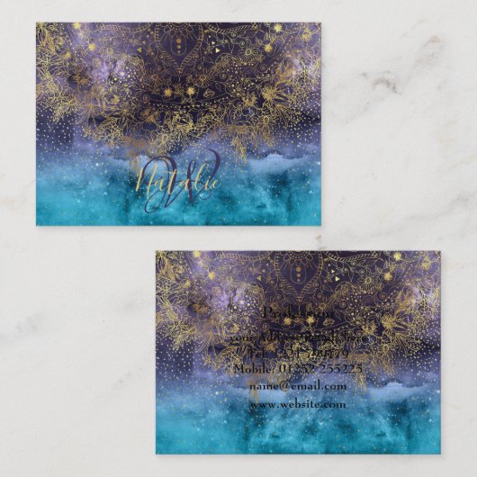 金ゴールドの花の曼荼羅および紙吹雪のイメージ 名刺 (正面/裏面)