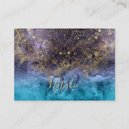 金ゴールドの花の曼荼羅および紙吹雪のイメージ 名刺 (正面)