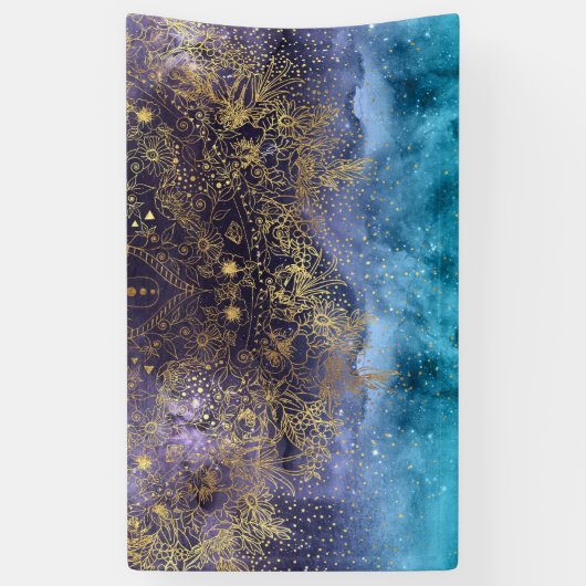 金ゴールドの花の曼荼羅および紙吹雪のイメージ 横断幕 (縦)