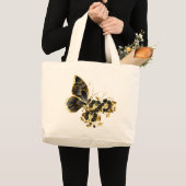 金ゴールドの花の蝶と黒の蘭 ラージトートバッグ (正面(商品))
