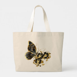金ゴールドの花の蝶と黒の蘭 ラージトートバッグ