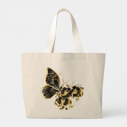金ゴールドの花の蝶と黒の蘭 ラージトートバッグ (裏面)