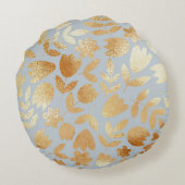 金ゴールドの花、青い背景、箔の模倣。 ラウンドクッション (裏面)