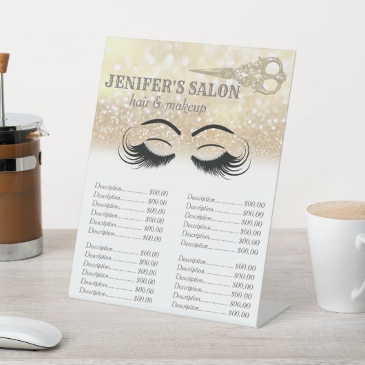 金ゴールドの華やかな髪とメイクアップの価格表 台座サイン (インサイチュ)