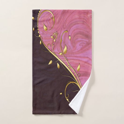金ゴールドの葉がバーガンディとピンクの渦で栄える バスタオルセット (ハンドタオル)