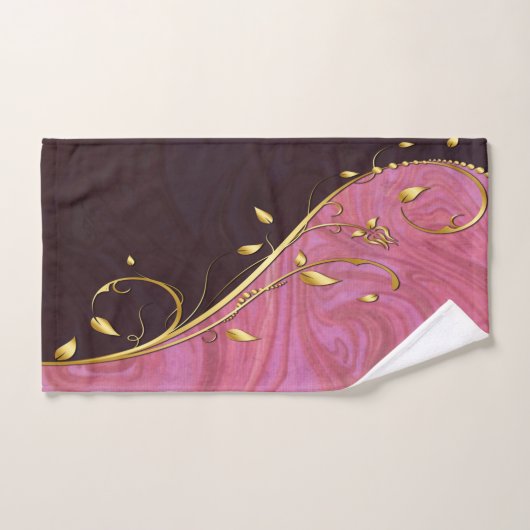 金ゴールドの葉がバーガンディとピンクの渦で栄える バスタオルセット (ハンドタオル)