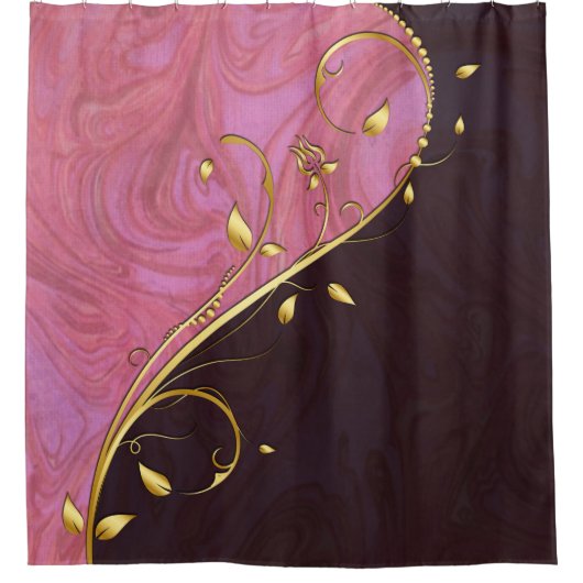 金ゴールドの葉がピンクのブルゴーニュの渦に輝く シャワーカーテン (正面)