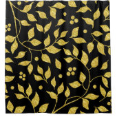 金ゴールドの葉のパターン（黒） シャワーカーテン (正面)