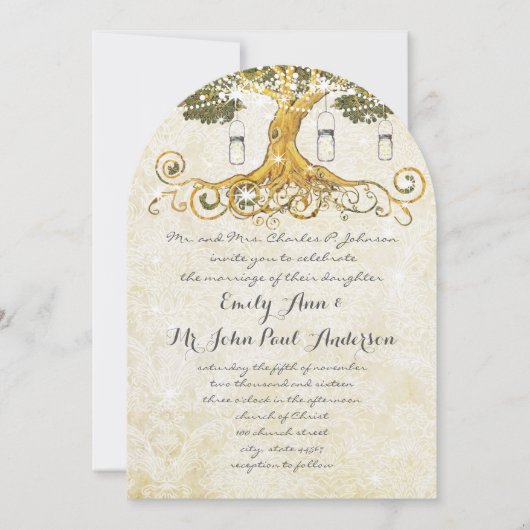 金ゴールドの葉のメイスンの瓶が星の下結婚に 招待状 (正面)