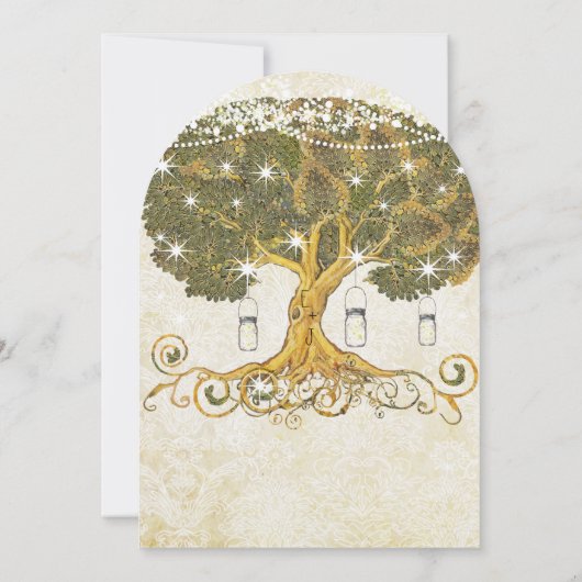 金ゴールドの葉のメイスンの瓶が星の下結婚に 招待状 (裏面)