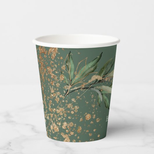 金ゴールドの葉の多い植物性ユーカリ緑のモノグラム 紙コップ (正面)