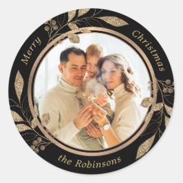 金ゴールドの葉の家族の写真ブラッククリスマス ラウンドシール