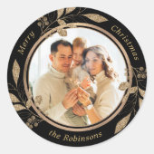 金ゴールドの葉の家族の写真ブラッククリスマス ラウンドシール (正面)