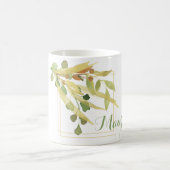 金ゴールドの葉の枠付き名前 コーヒーマグカップ (中央)
