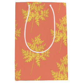 金ゴールドの葉の珊瑚植物模様 ミディアムペーパーバッグ