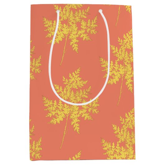 金ゴールドの葉の珊瑚植物模様 ミディアムペーパーバッグ (正面)