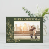 金ゴールドの葉の緑の写真メリークリスマス シーズンカード (スタンド正面)