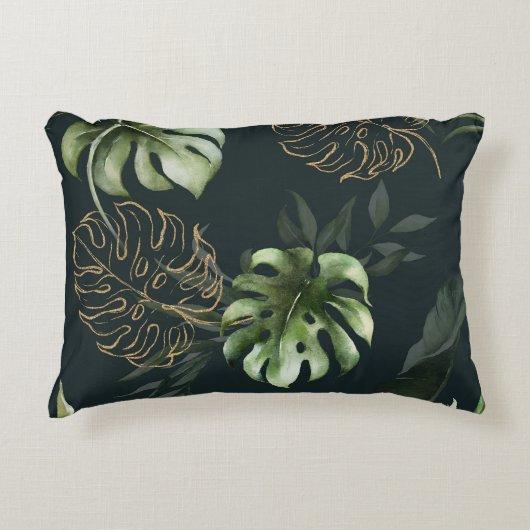 金ゴールドの葉トロピカル:ダークウォーター色 アクセントクッション (正面)
