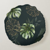 金ゴールドの葉トロピカル:ダークウォーター色 ラウンドクッション (裏面)