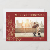 金ゴールドの葉ブルゴーニュ写真メリークリスマス シーズンカード (正面)