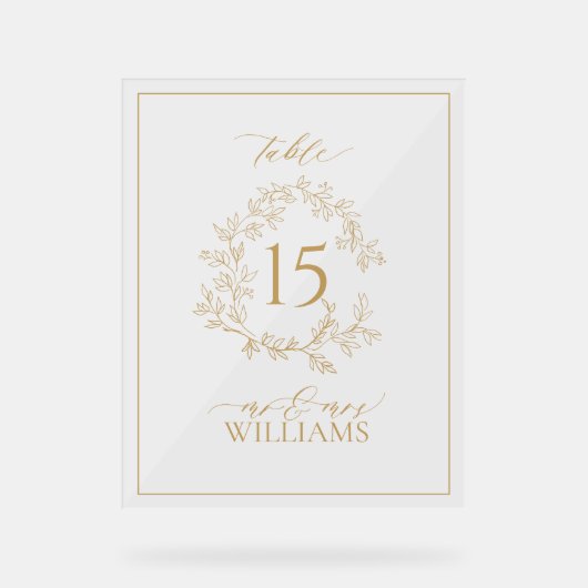 金ゴールドの葉冠モノグラム結婚のテーブル番号 アクリルサイン (正面)