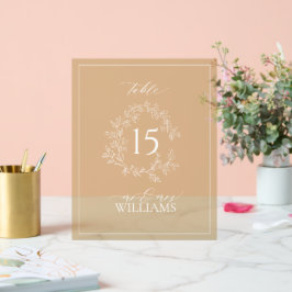 金ゴールドの葉冠モノグラム結婚のテーブル番号 アクリルサイン