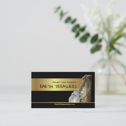 金ゴールドの虹色の宝石用原石の水晶および鉱物 名刺 (スタンド正面)