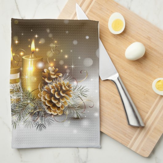 金ゴールドの蝋燭のクリスマスのエレガントな休日の家の装飾 キッチンタオル (四つ折り)