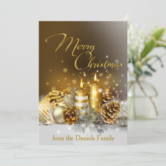 金ゴールドの蝋燭のメリークリスマスのエレガントで大きい休日 シーズンカード (スタンド正面)