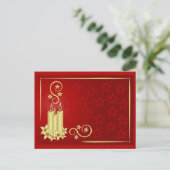 金ゴールドの蝋燭、花、赤い背景の渦巻き ポストカード (スタンド正面)