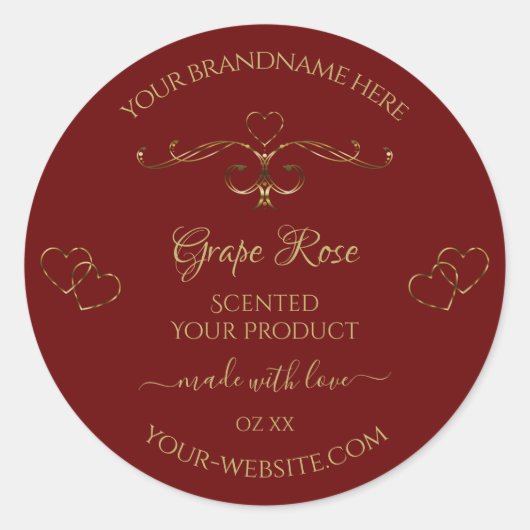 金ゴールドの装飾ハートの濃い赤の製品ラベル ラウンドシール (正面)
