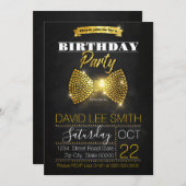 金ゴールドの誕生会のダイヤモンドの弓タイ 招待状 (正面/裏面)