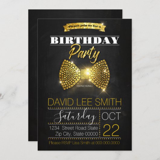 金ゴールドの誕生会のダイヤモンドの弓タイ 招待状 (正面/裏面)