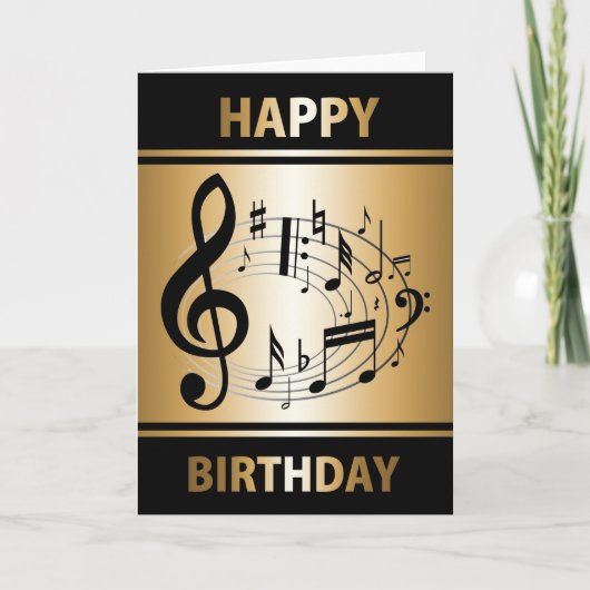 金ゴールドの誕生日の楕円形の形の黒い音符 カード (正面)