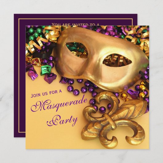 金ゴールドの謝肉祭の仮面舞踏会のパーティの招待状 招待状 (正面/裏面)