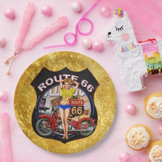 金ゴールドの質のアメリカのルート66のオートバイ ペーパープレート (パーティー)