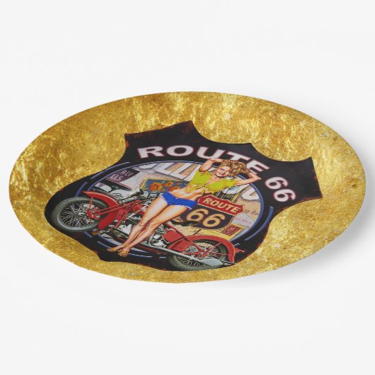 金ゴールドの質のアメリカのルート66のオートバイ ペーパープレート (アングル)